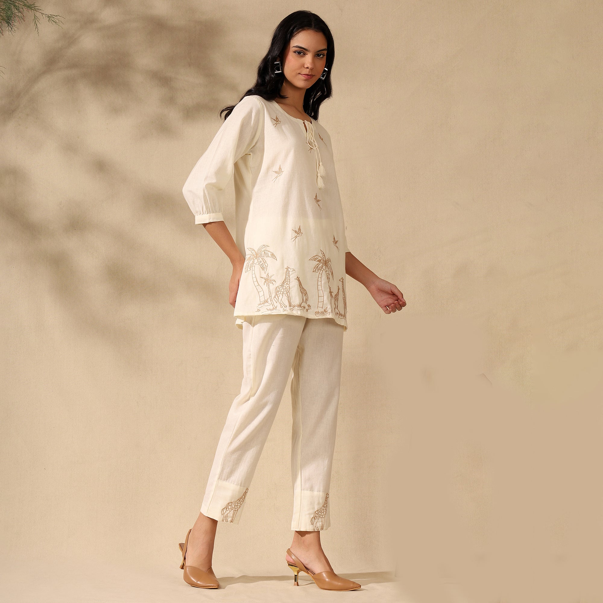 Embroidered Pure Cotton Tunic With Trousers Cream Co-ord Set