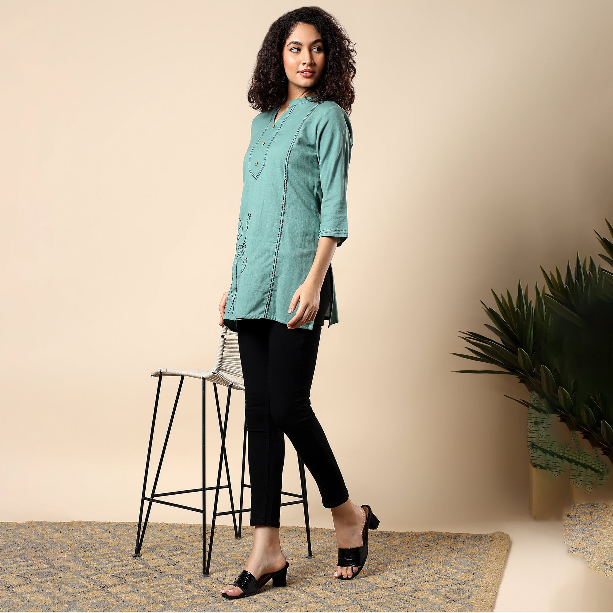 Floral Embroidered Pure Cotton Green Short Kurti/Tunic