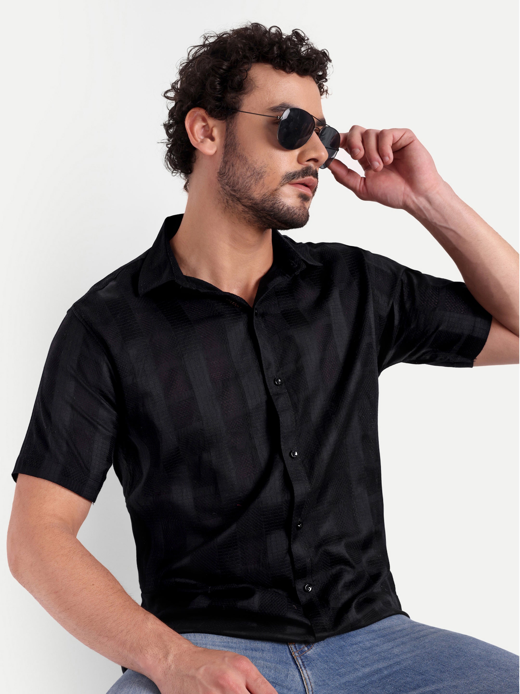 Black Textured Lining Half Shirt