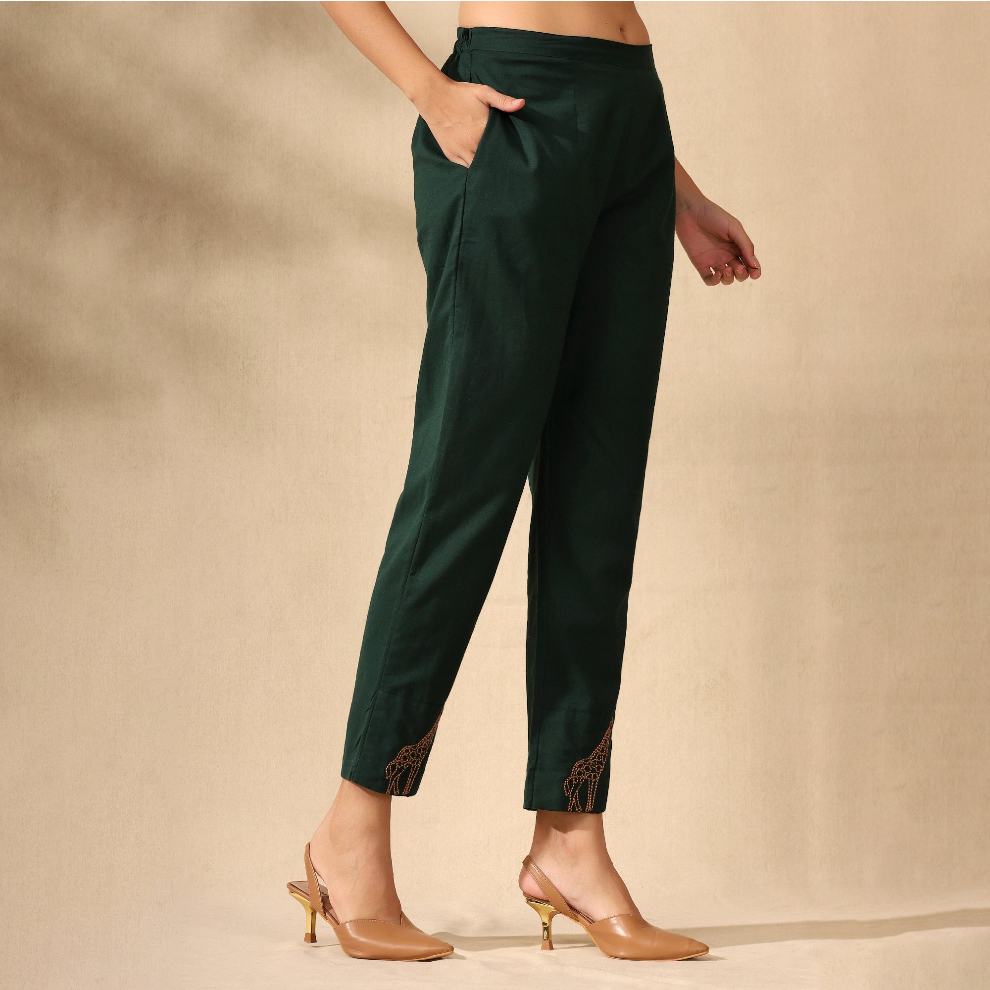 Embroidered Pure Cotton Tunic With Trousers Dark Green Co-ord Set