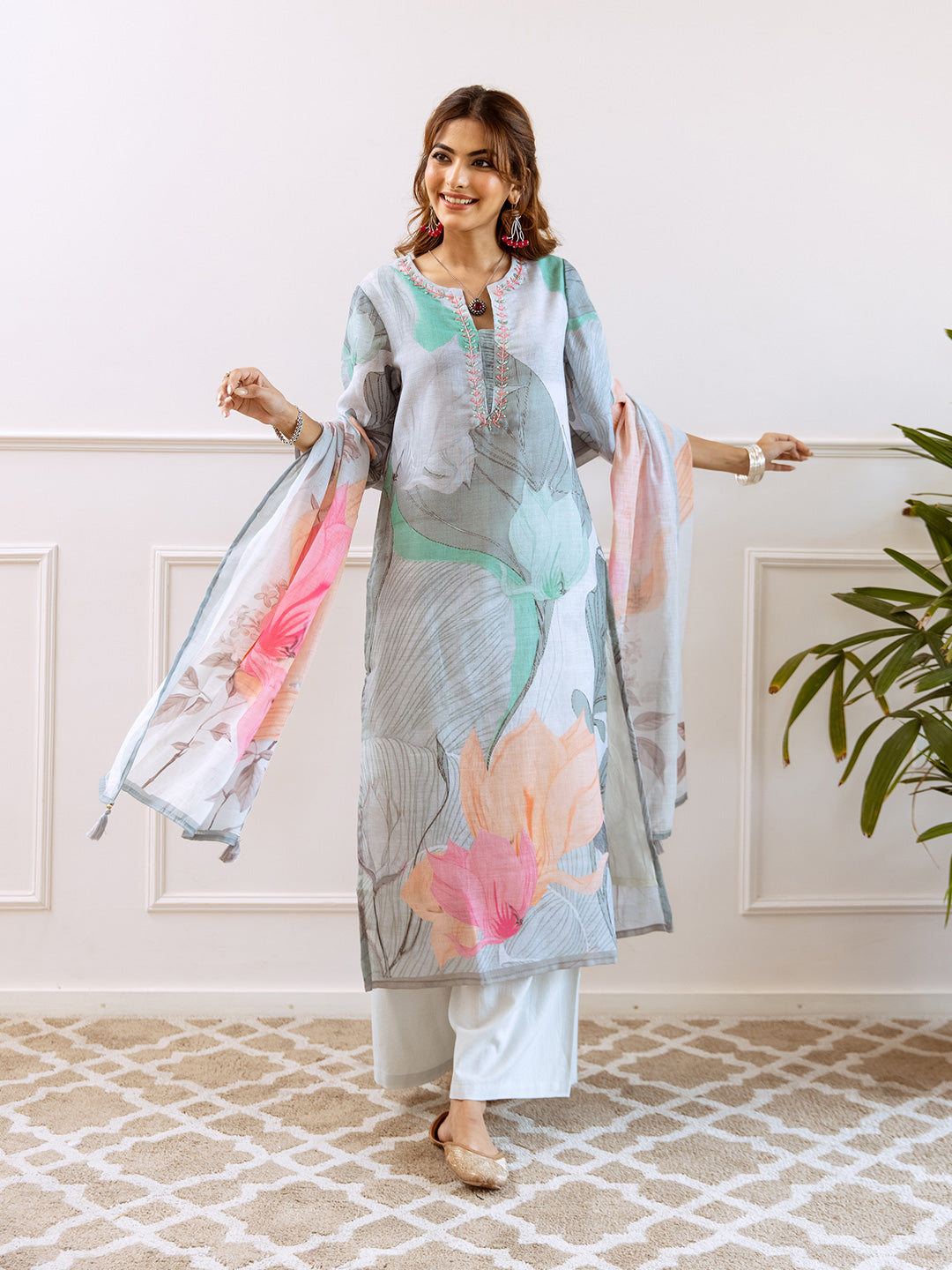 Floral Printed Notched Neck Linen Straight Kurta Set with Dupatta- Grey Green
