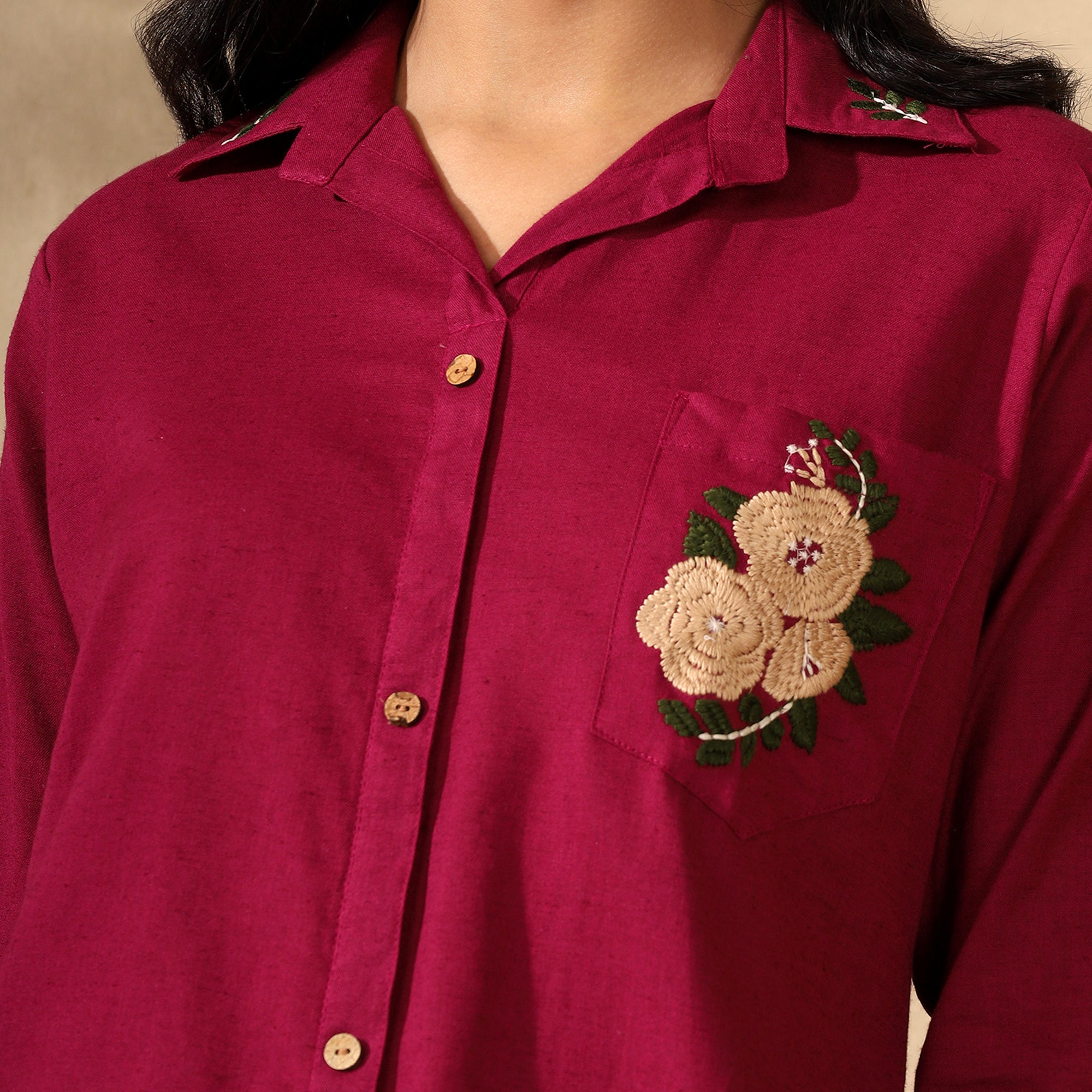 Floral Embroidered Pure Cotton Shirt With Trousers Maroon Co-ord Set