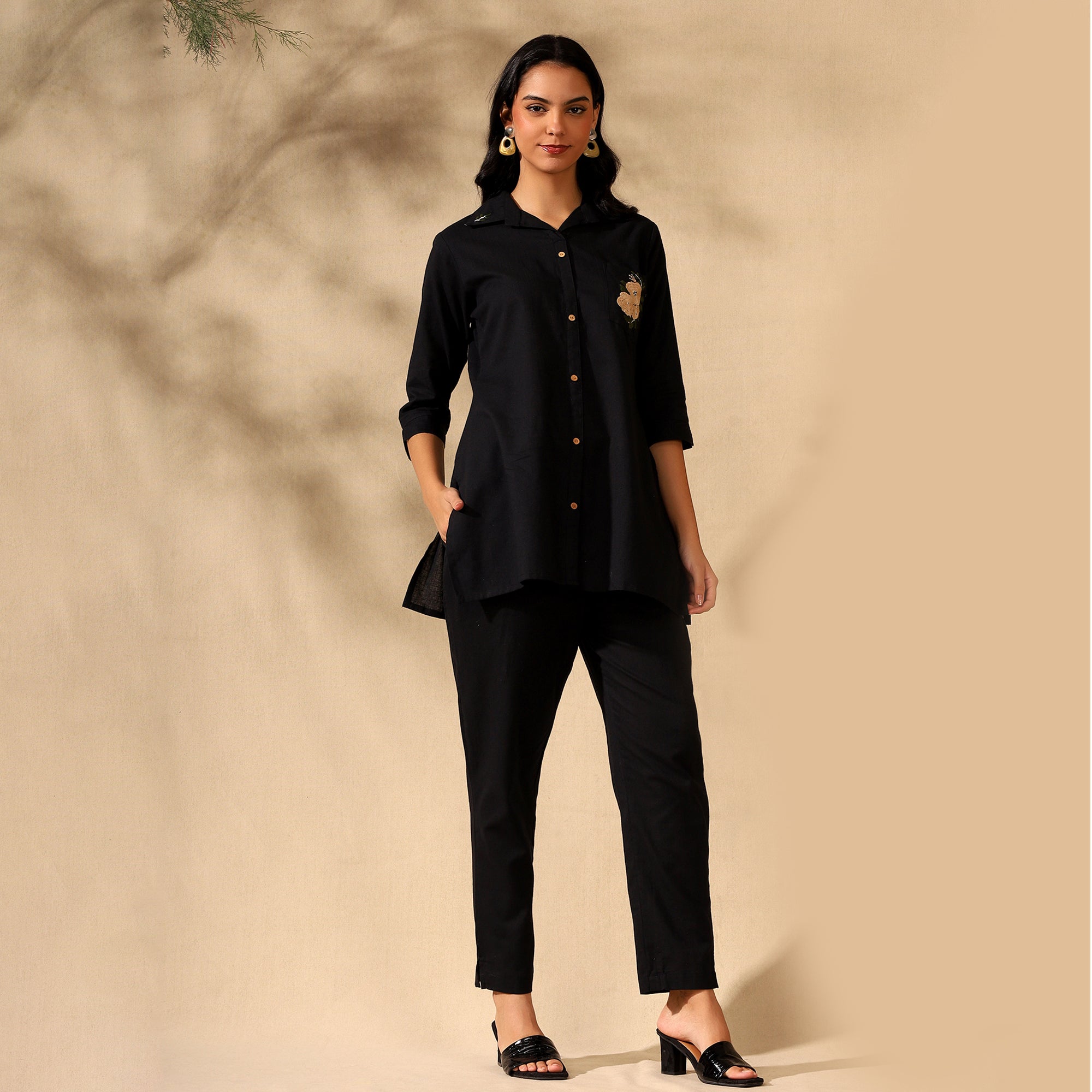 Floral Embroidered Pure Cotton Shirt With Trousers Black Co-ord Set