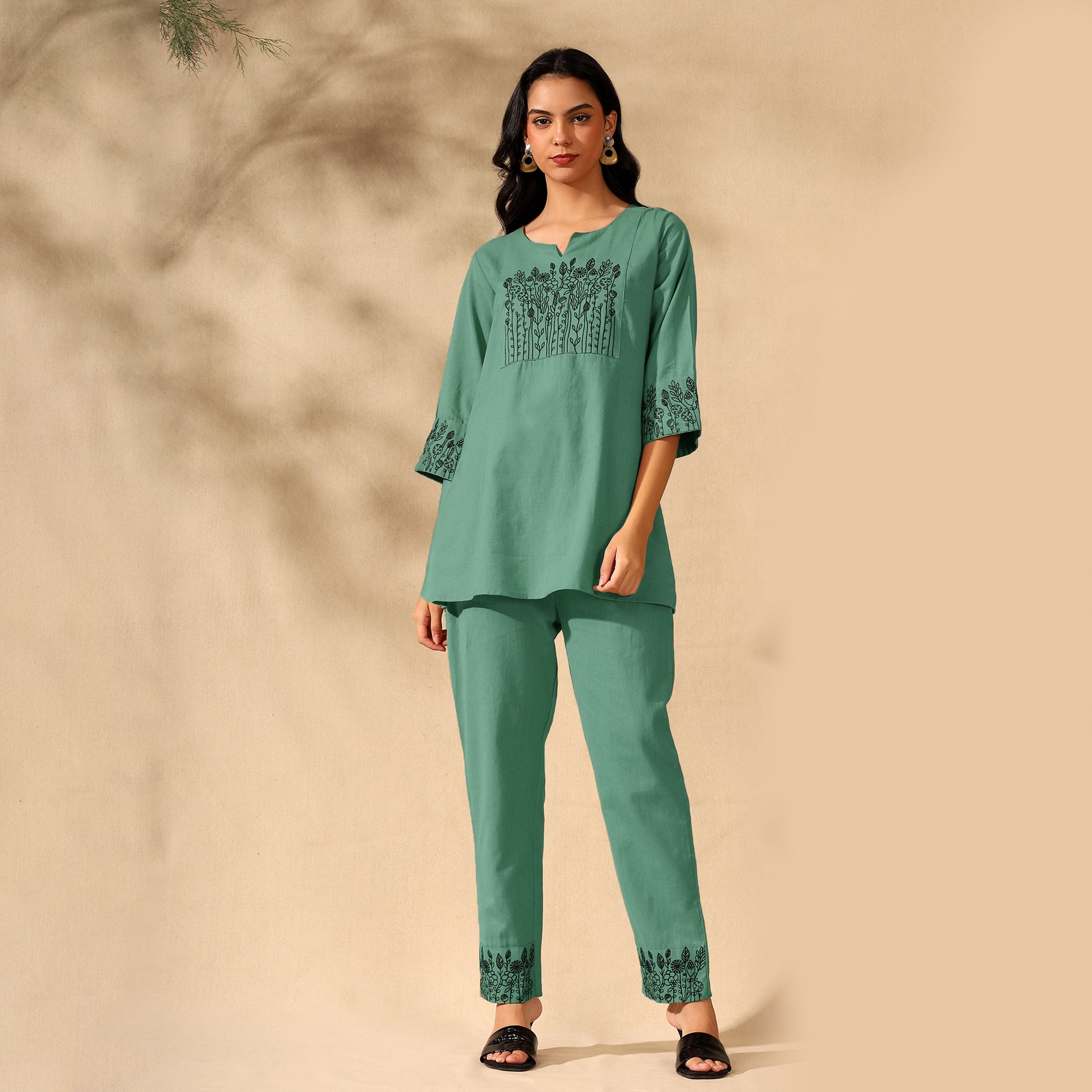 Botanical Embroidered Pure Cotton Tunic With Trousers Green Co-ord Set