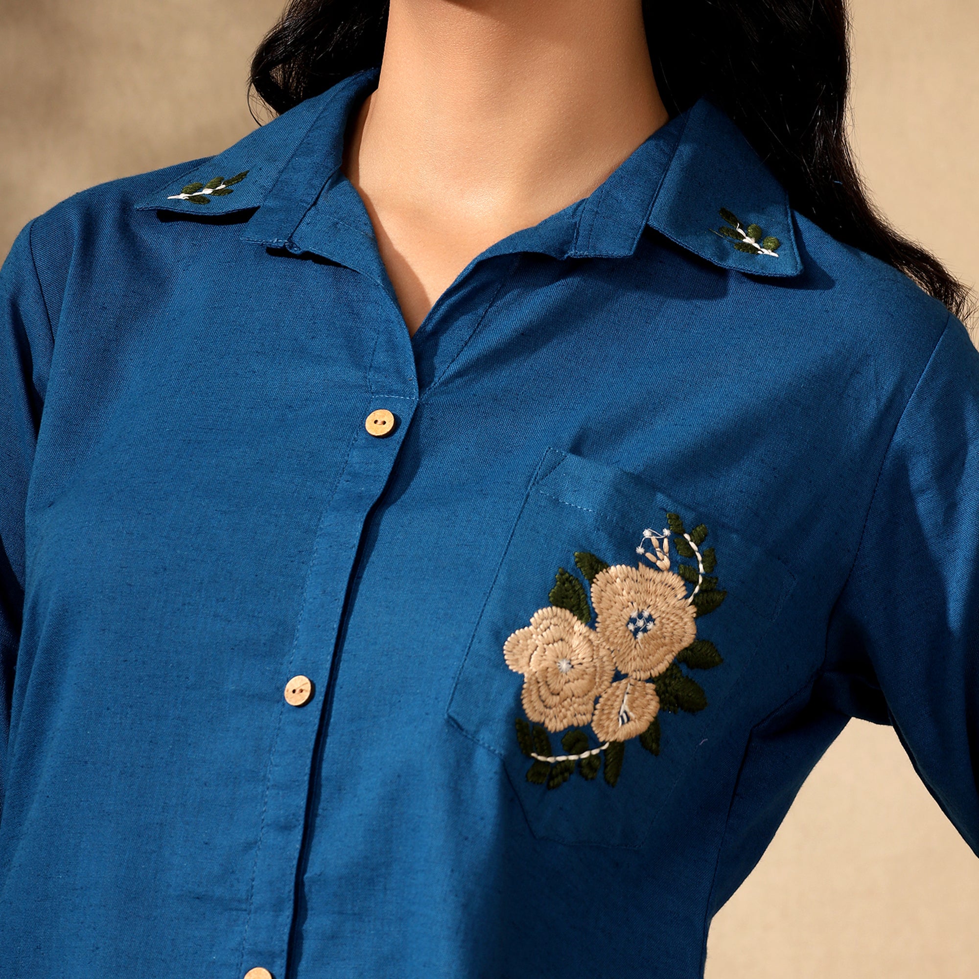 Floral Embroidered Pure Cotton Shirt With Trousers Blue Co-ord Set