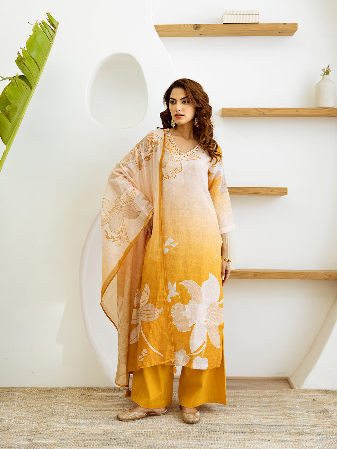Floral Printed V-Neck Linen Straight Kurta Set with Dupatta- Yellow