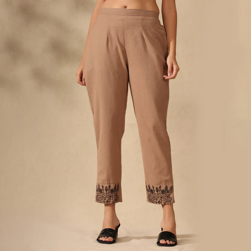BOTANICAL EMBROIDERED COTTON CORD SET FOR WOMEN | KURTI AND PANTS COORDINATED SET | BEIGE