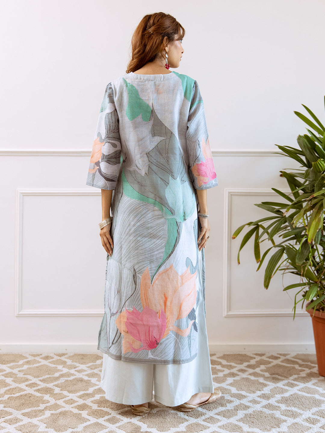 Floral Printed Notched Neck Linen Straight Kurta Set with Dupatta- Grey Green