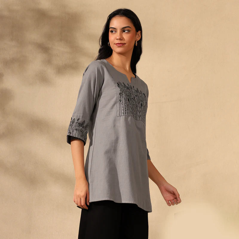 BOTANICAL EMBROIDERED COTTON KURTI FOR WOMEN | PERFECT FEMALE TUNIC FOR EVERYDAY WEAR | GREY