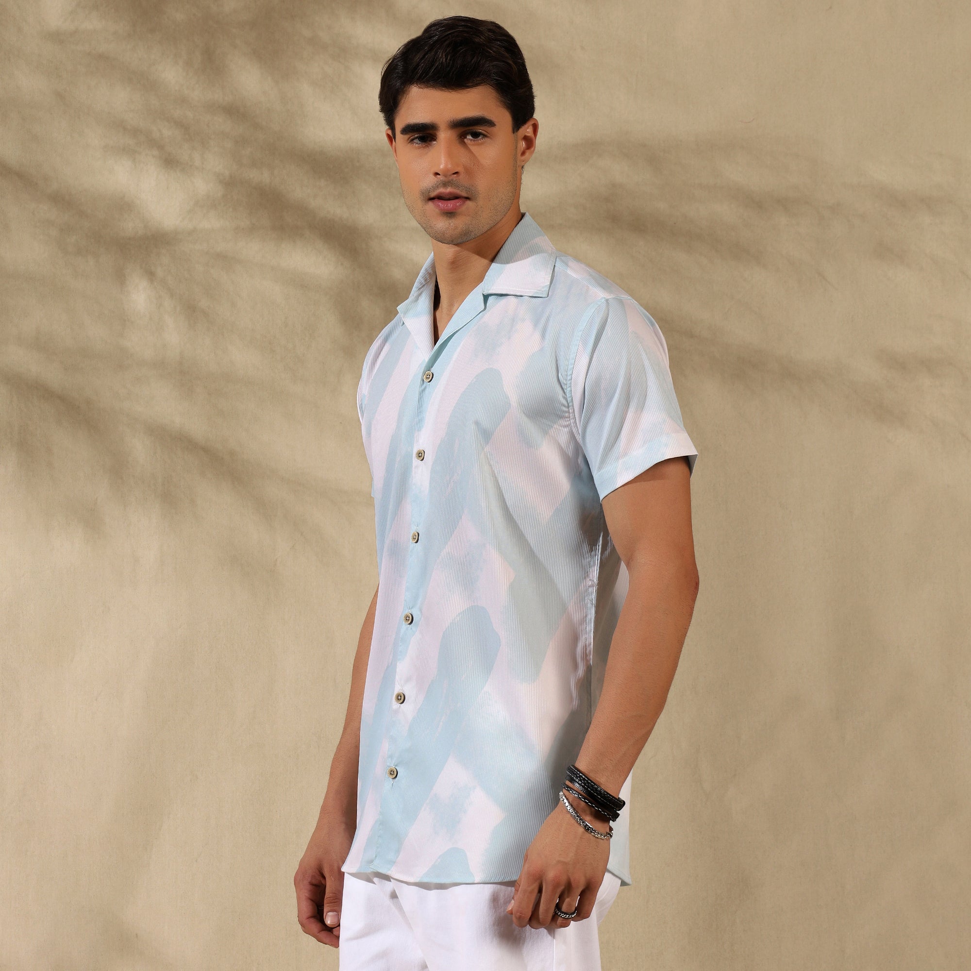 SEA GREEN HALF CASUAL PRINTED COTTON SHIRT REGULAR FIT FOR MEN