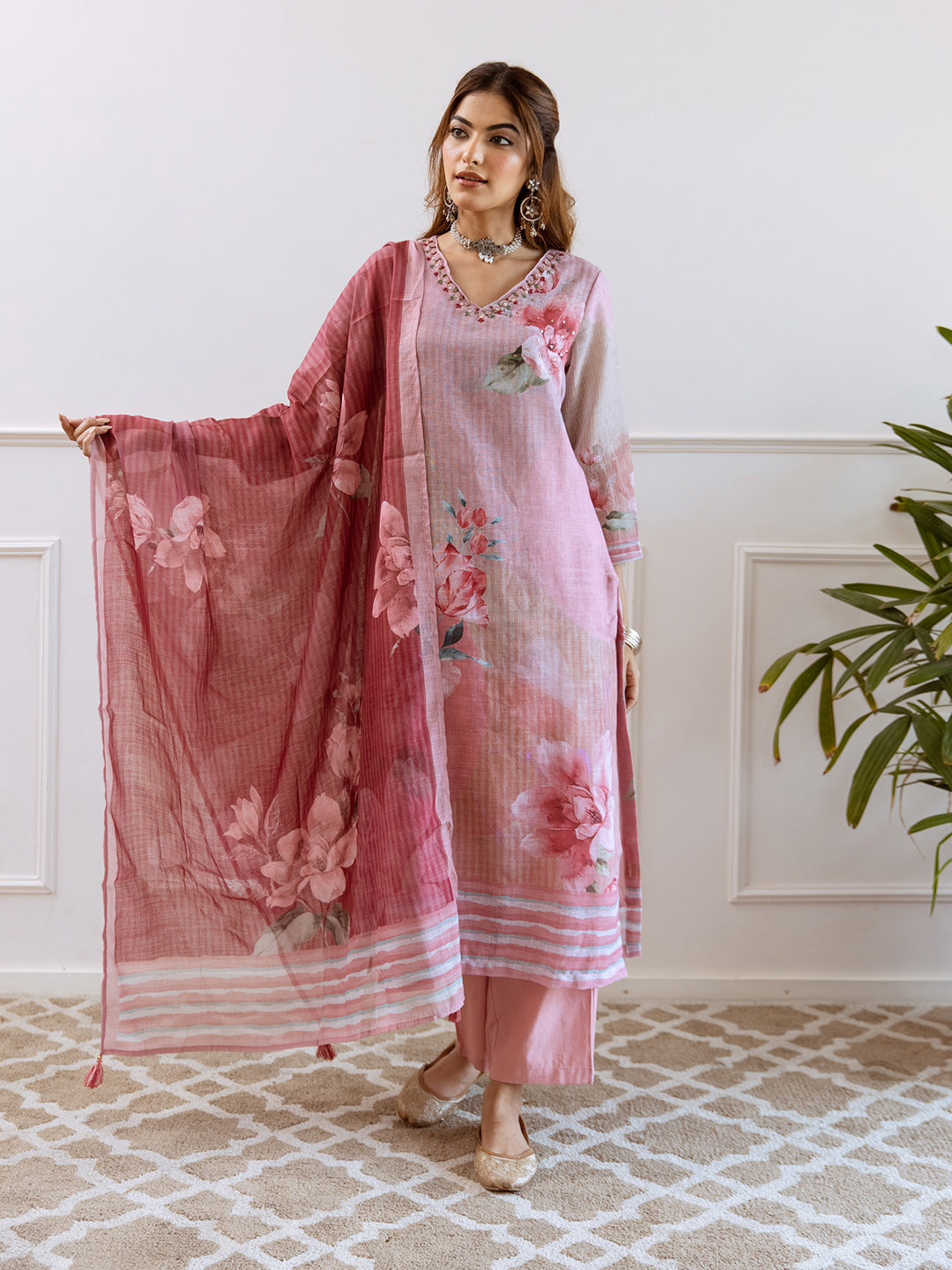 Floral Printed V-Neck Linen Straight Kurta Set with Dupatta- Rose Pink