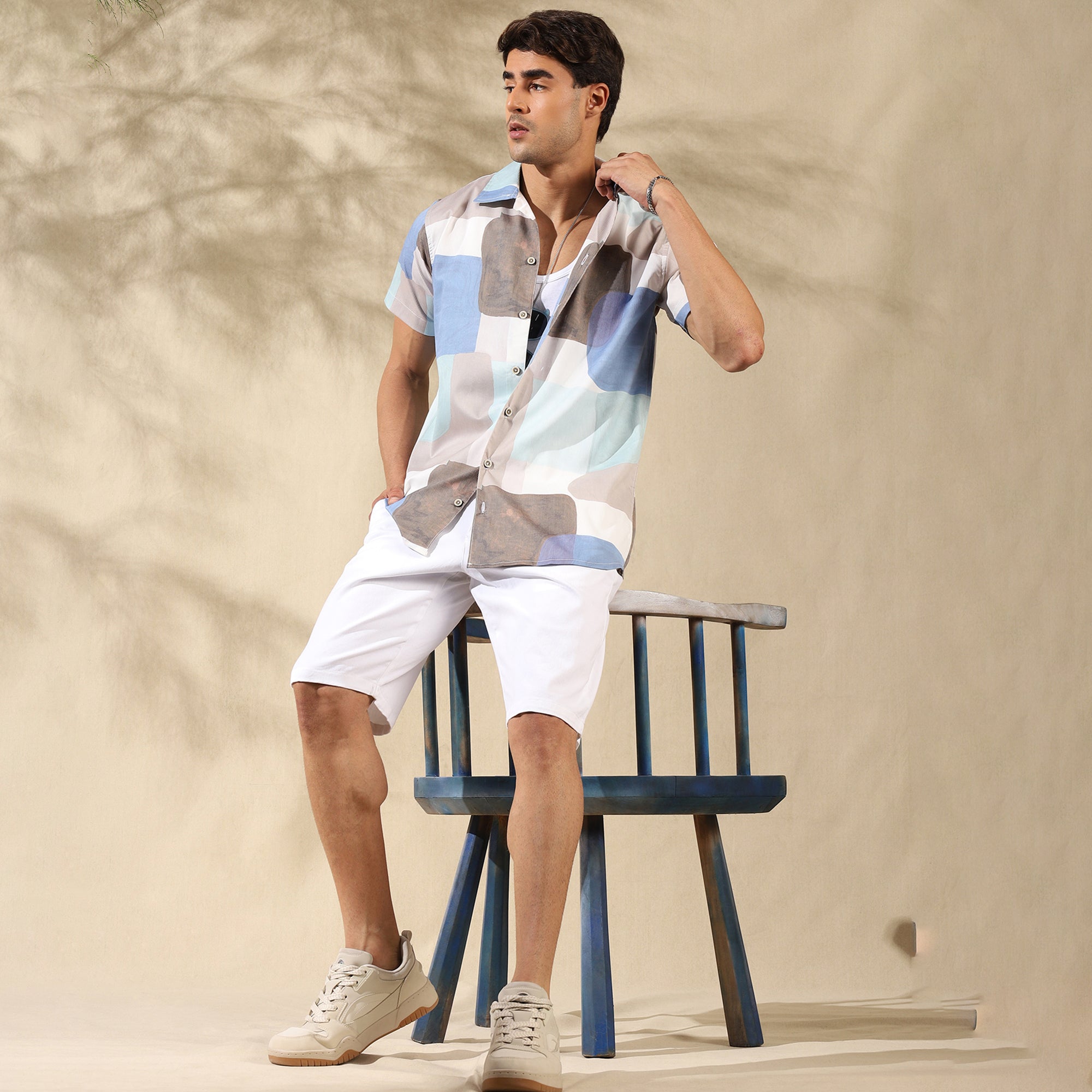 BLUE WHITE HALF CASUAL PRINTED COTTON SHIRT REGULAR FIT FOR MEN