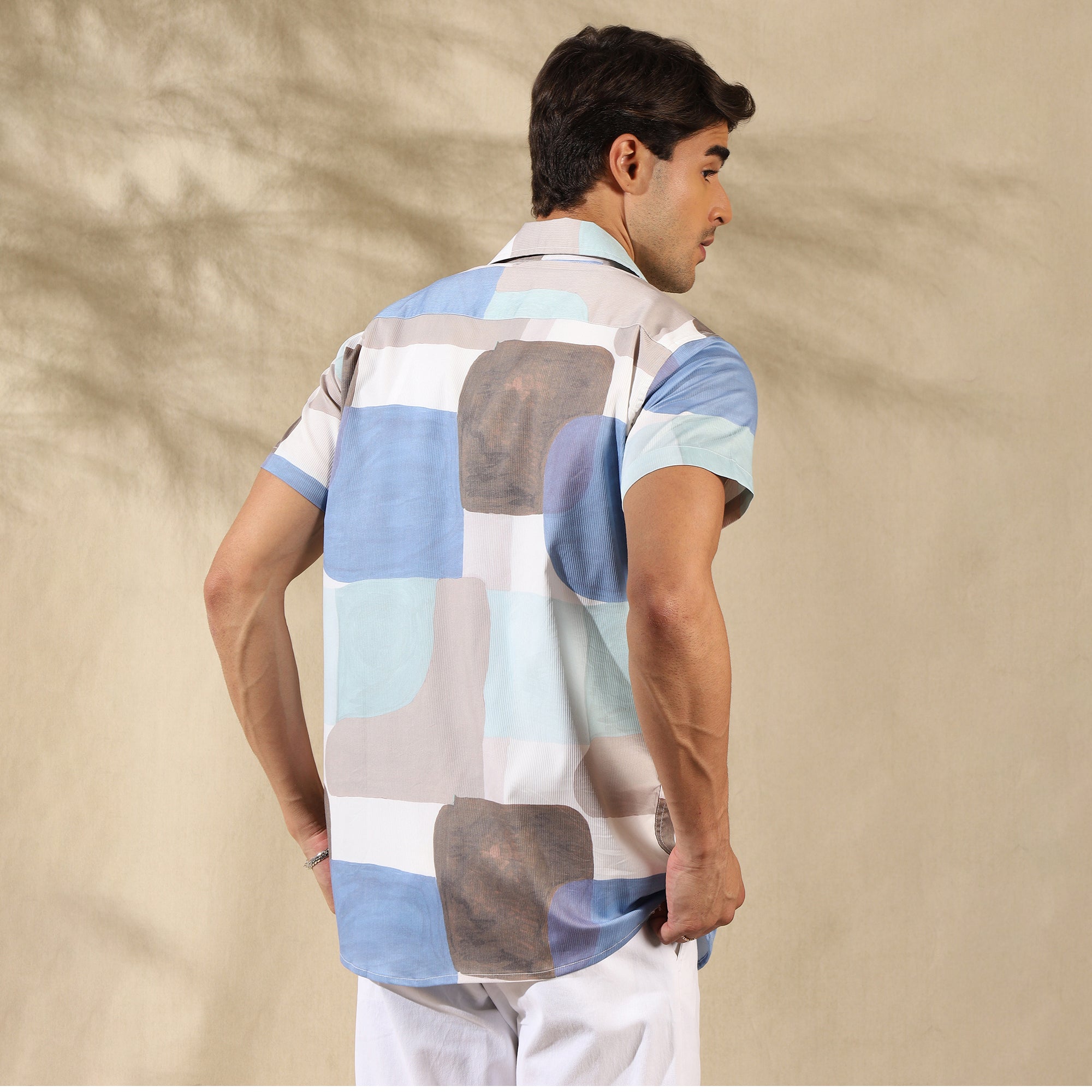 BLUE WHITE HALF CASUAL PRINTED COTTON SHIRT REGULAR FIT FOR MEN