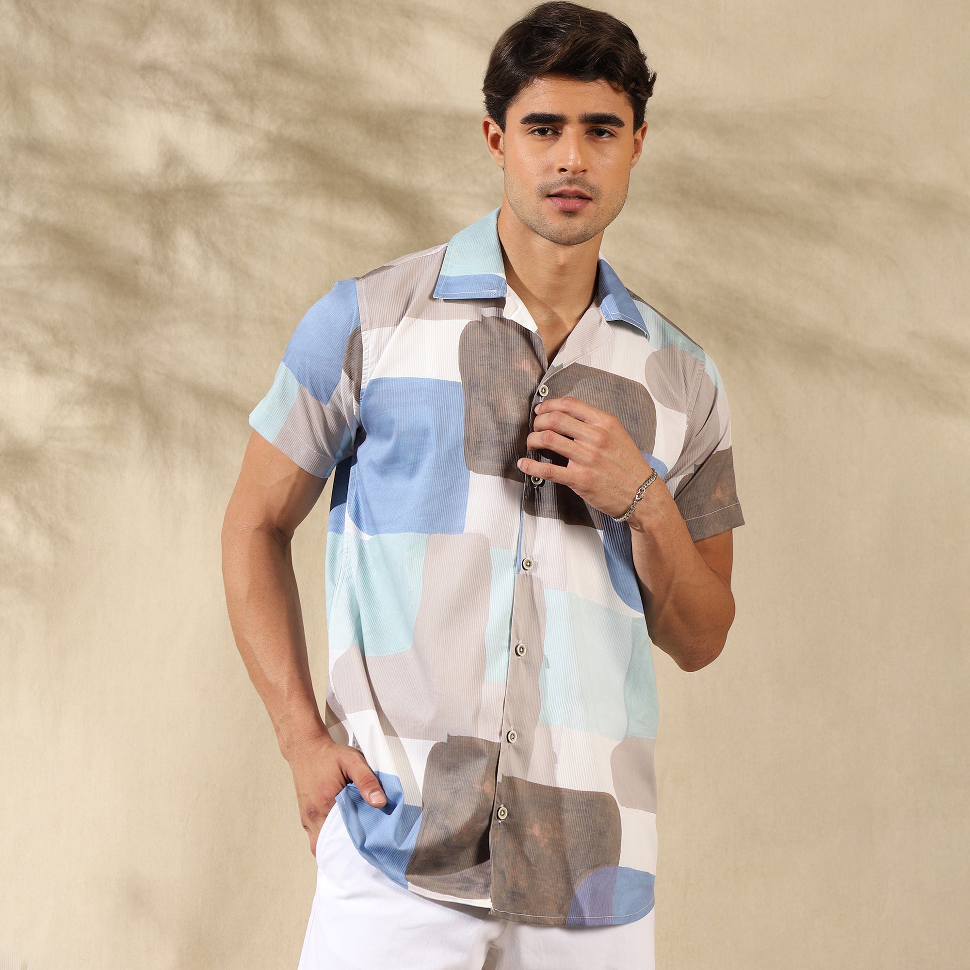 BLUE WHITE HALF CASUAL PRINTED COTTON SHIRT REGULAR FIT FOR MEN