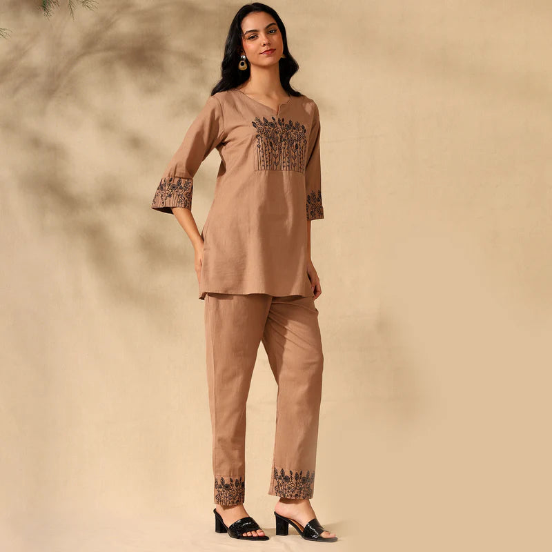 BOTANICAL EMBROIDERED COTTON CORD SET FOR WOMEN | KURTI AND PANTS COORDINATED SET | BEIGE
