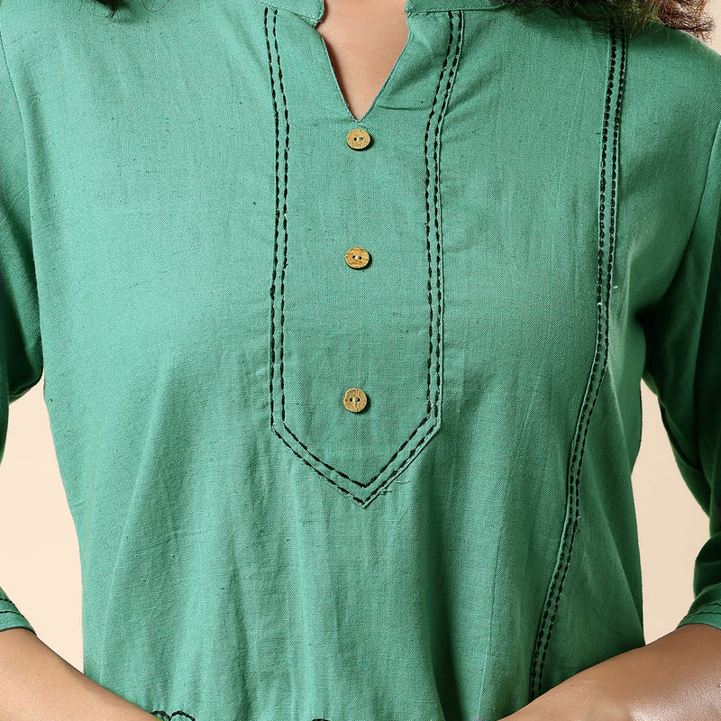 GORGEOUS GREEN FLORAL EMBROIDERED WOMEN KURTI | COTTON SHORT TUNIC FOR EVERYDAY WEAR