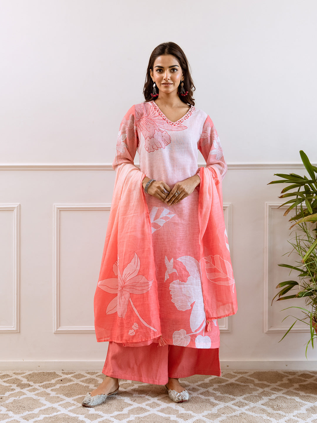 Floral Printed V-Neck Linen Straight Kurta Set with Dupatta- Light Pink