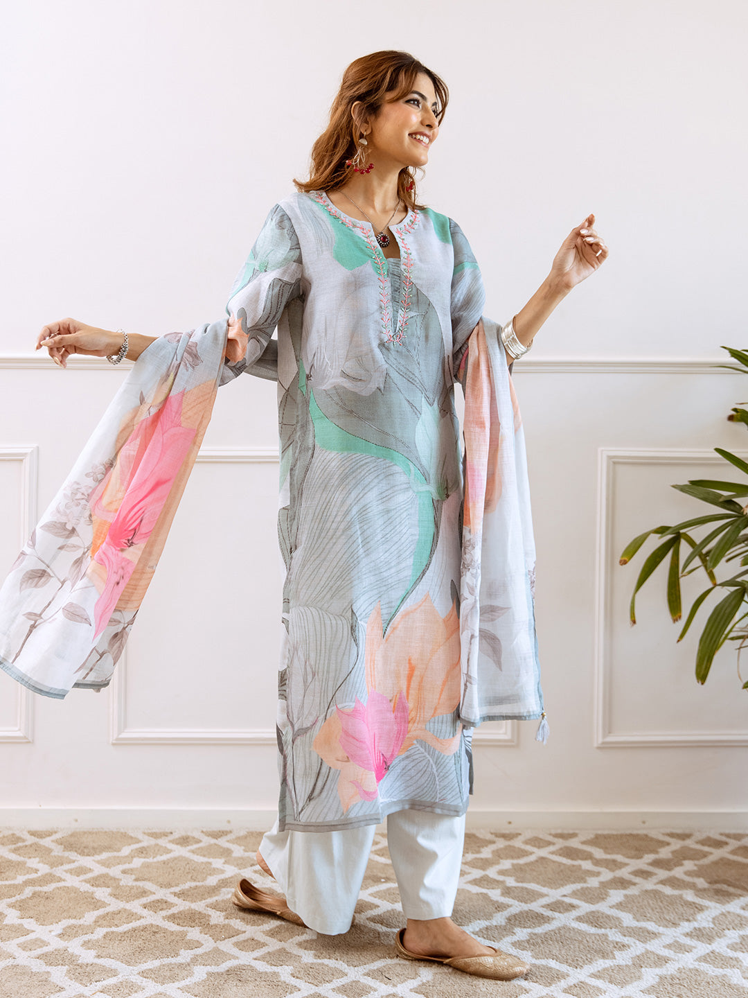 Floral Printed Notched Neck Linen Straight Kurta Set with Dupatta- Grey Green