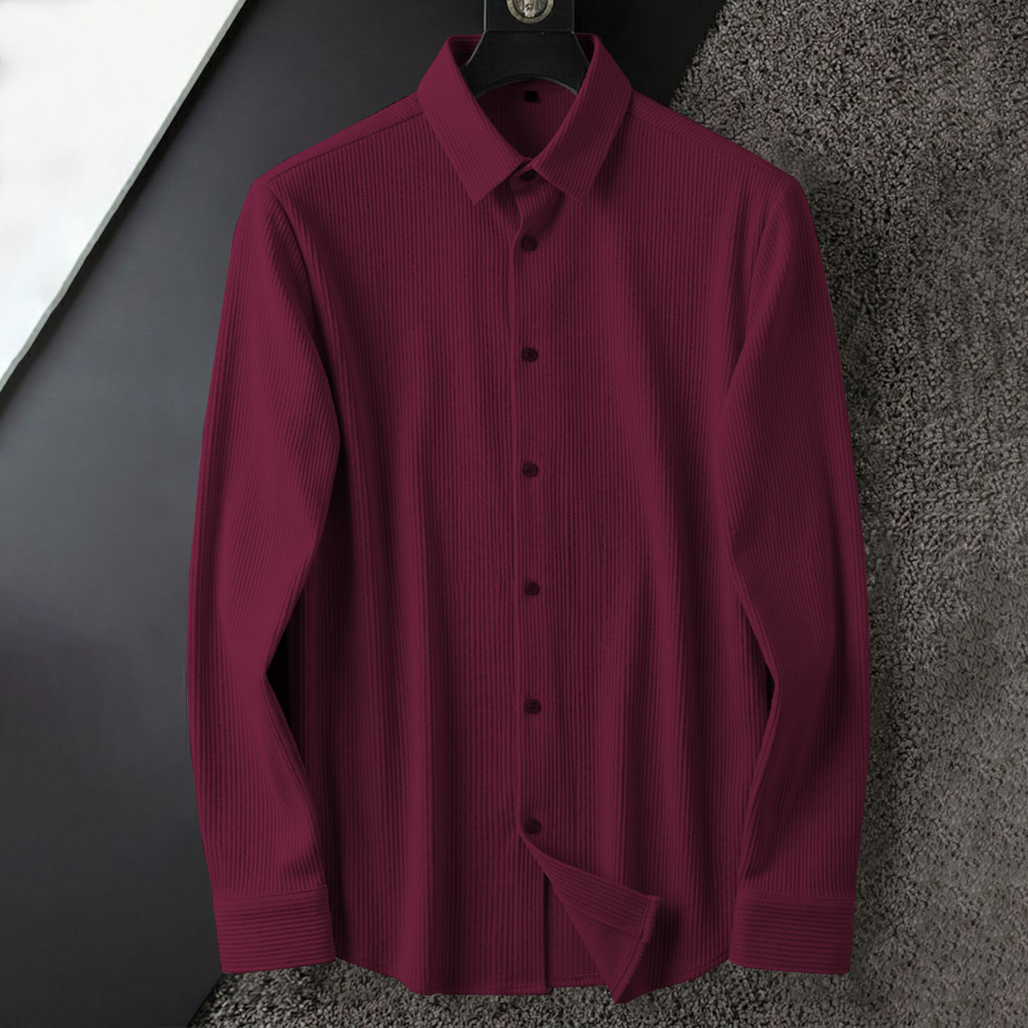 Corduroy Inspired Self-Cord Casual Shirts for Men Blended Fabric - Wine