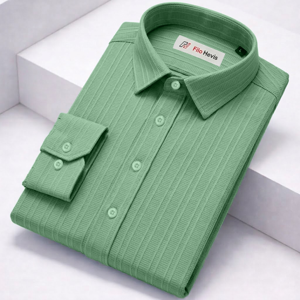 slim fit dress slacks Crushed Self Stripe Light Green Shirt