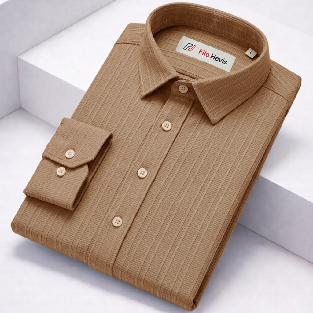 Crushed Self Stripe Light Brown Shirt | Striped Shirt Men Crushed Self Stripe Light Brown Shirt | Striped Shirt Men