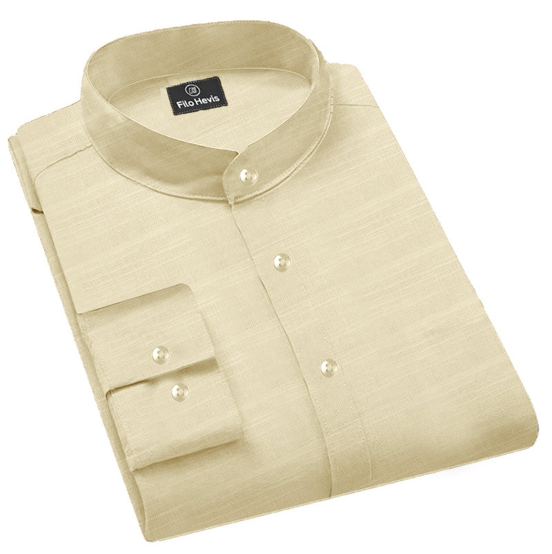 Men's Full-Sleeve Mandarin Collar Regular Fit Cotton Lenin Shirt-Beige