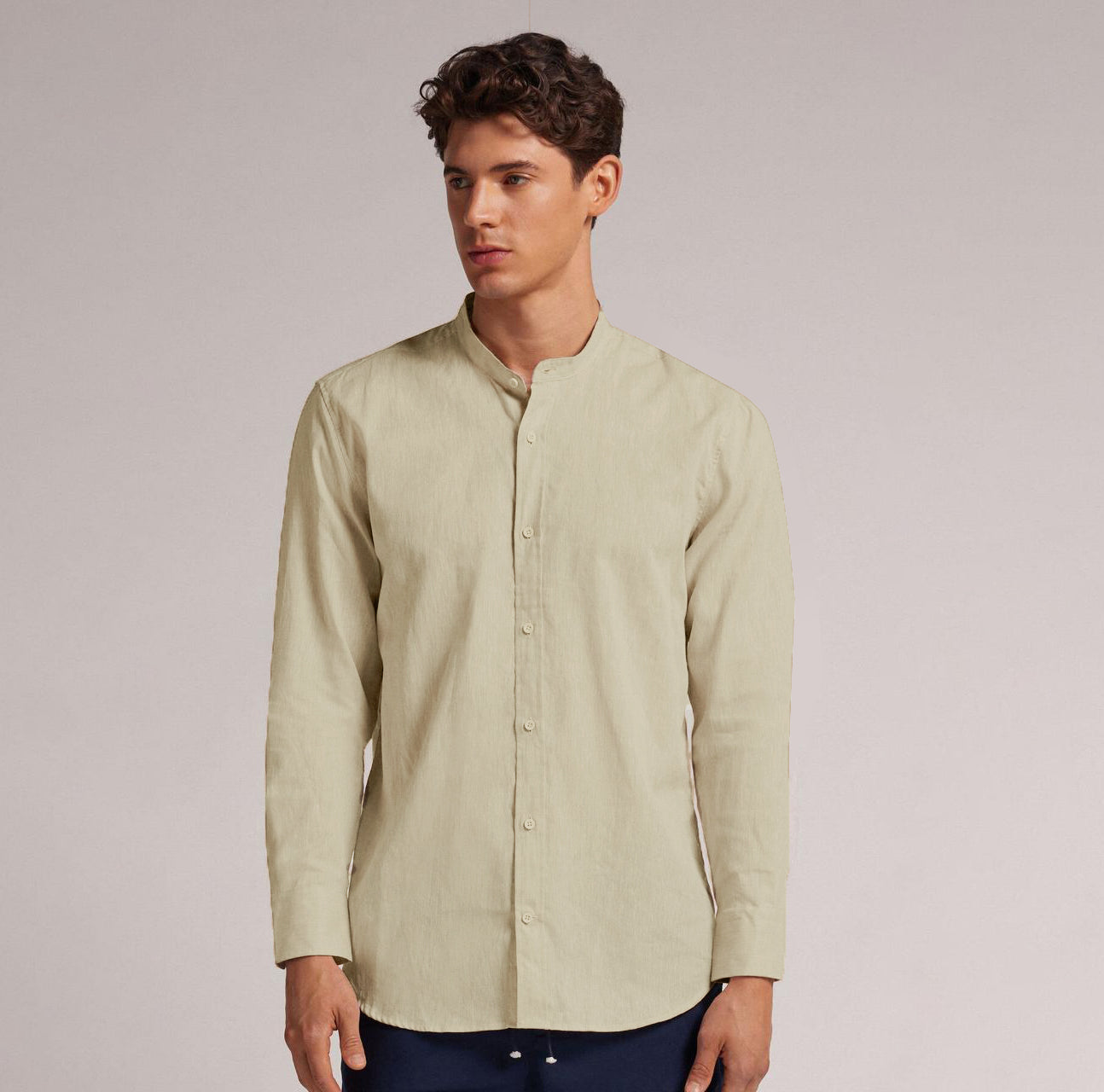Men's Full-Sleeve Mandarin Collar Regular Fit Cotton Lenin Shirt-Beige