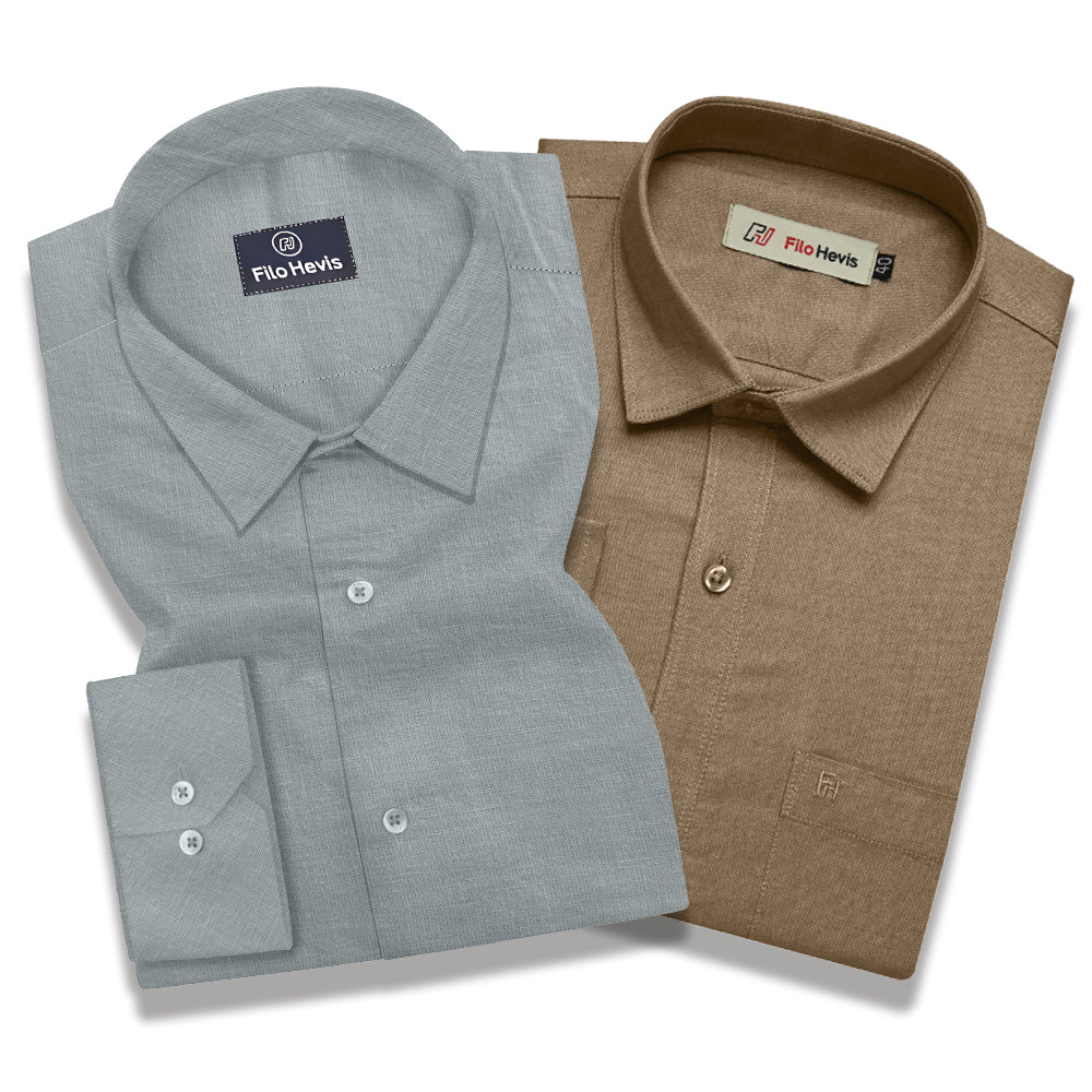 Linen Grey & Filafil Brown - Classic Shirt Combo (Set of 2)