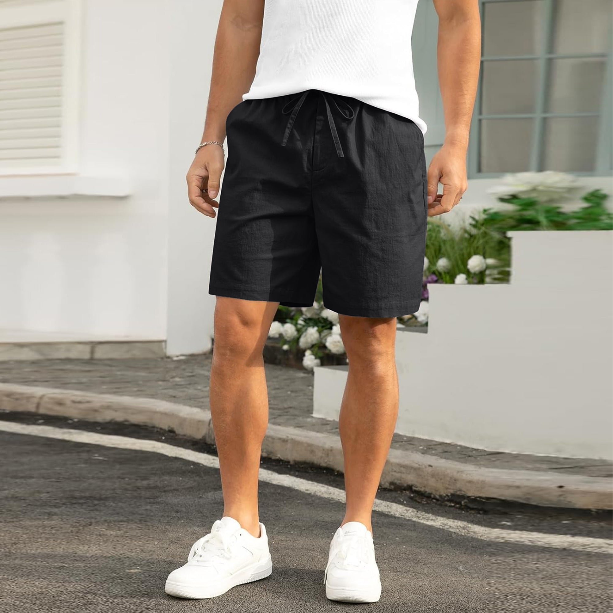 Mens Cotton Linen Shorts Casual Drawstring 8.5 inch Inseam Shorts Stretch Summer-Black