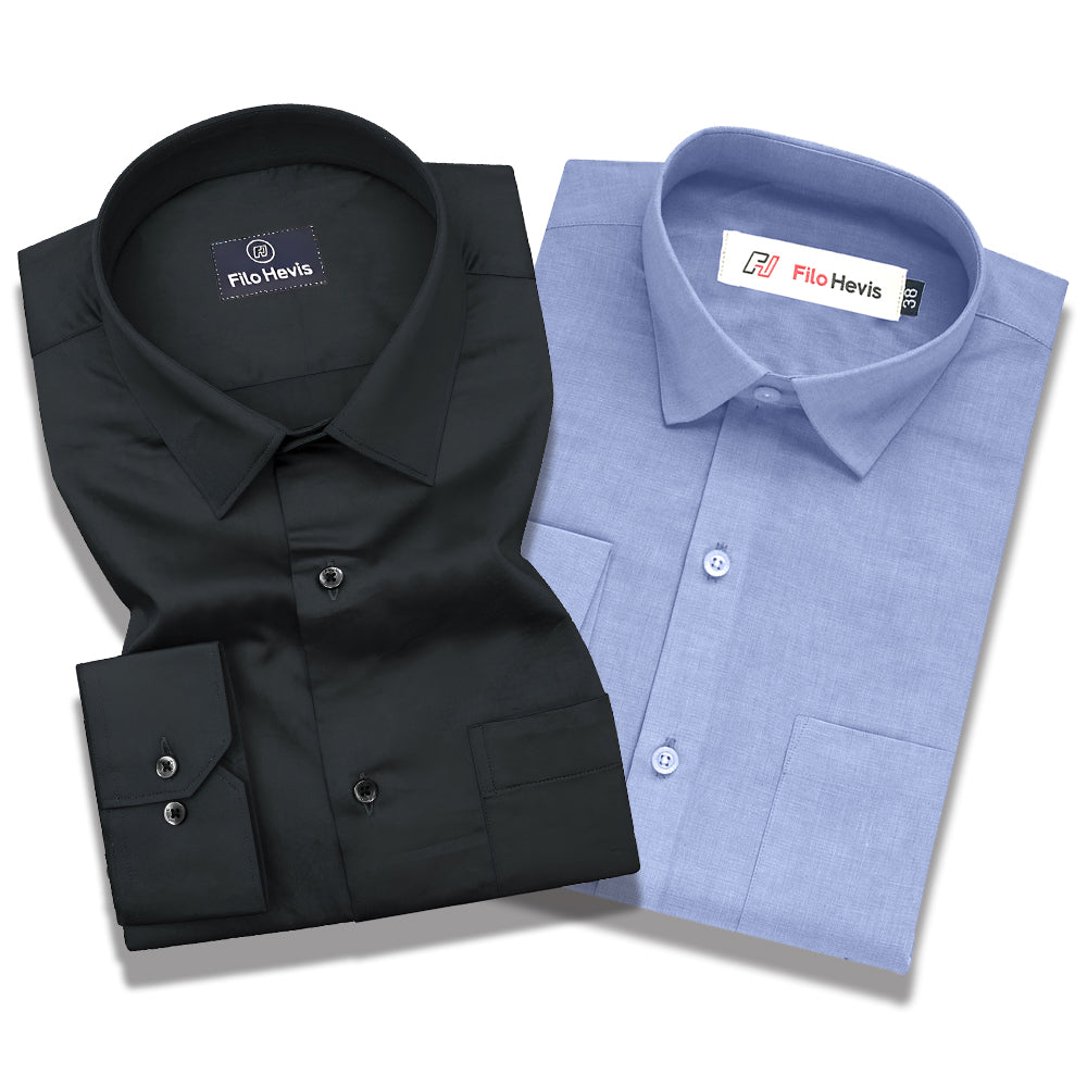 Cotton Satin Black & Filafil Sky - Classic Pocket Shirt Combo (Set of 2)