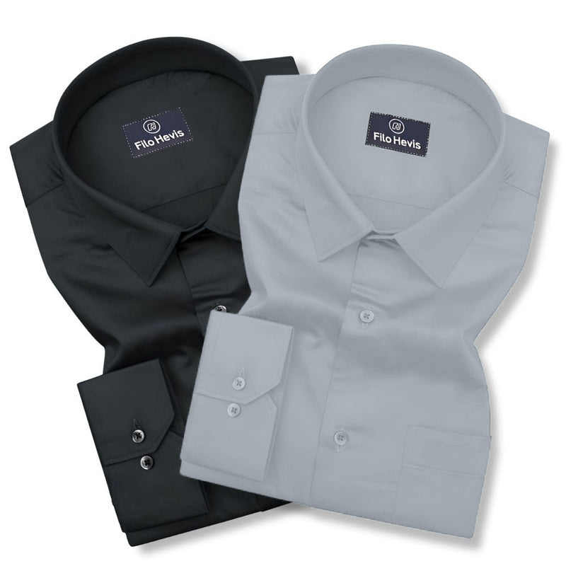 Combo of 2 Premium Cotton Formal Shirts – Black & Grey | Single Pocket | Smart Fit