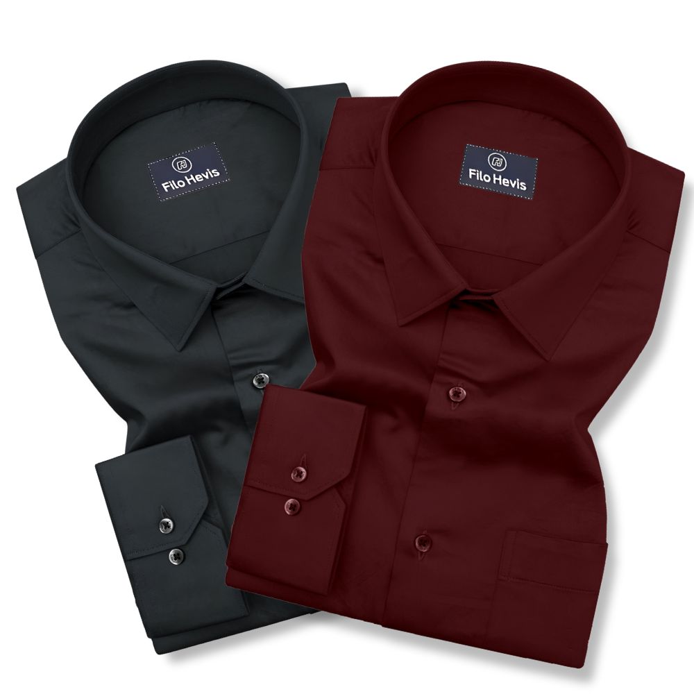 Combo of 2 Premium Cotton Formal Shirts – Black & Maroon| Single Pocket | Smart Fit