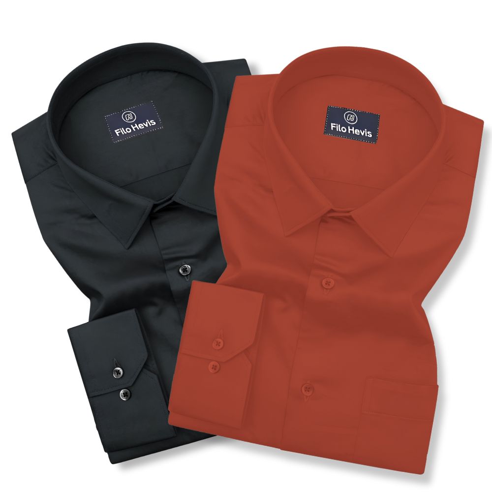 Combo of 2 Premium Cotton Formal Shirts – Black & Orange | Single Pocket | Smart Fit