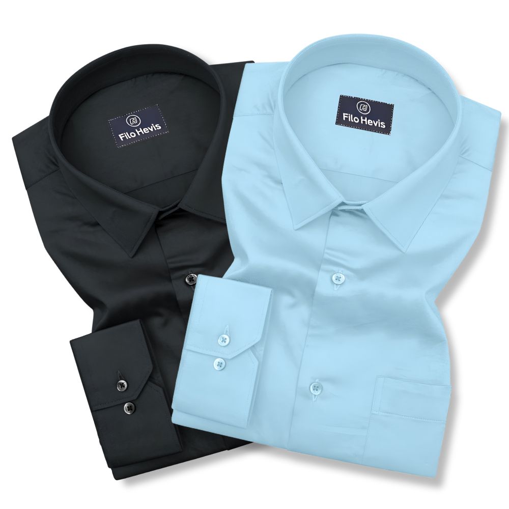 Combo of 2 Premium Cotton Formal Shirts – Black & Sky | Single Pocket | Smart Fit