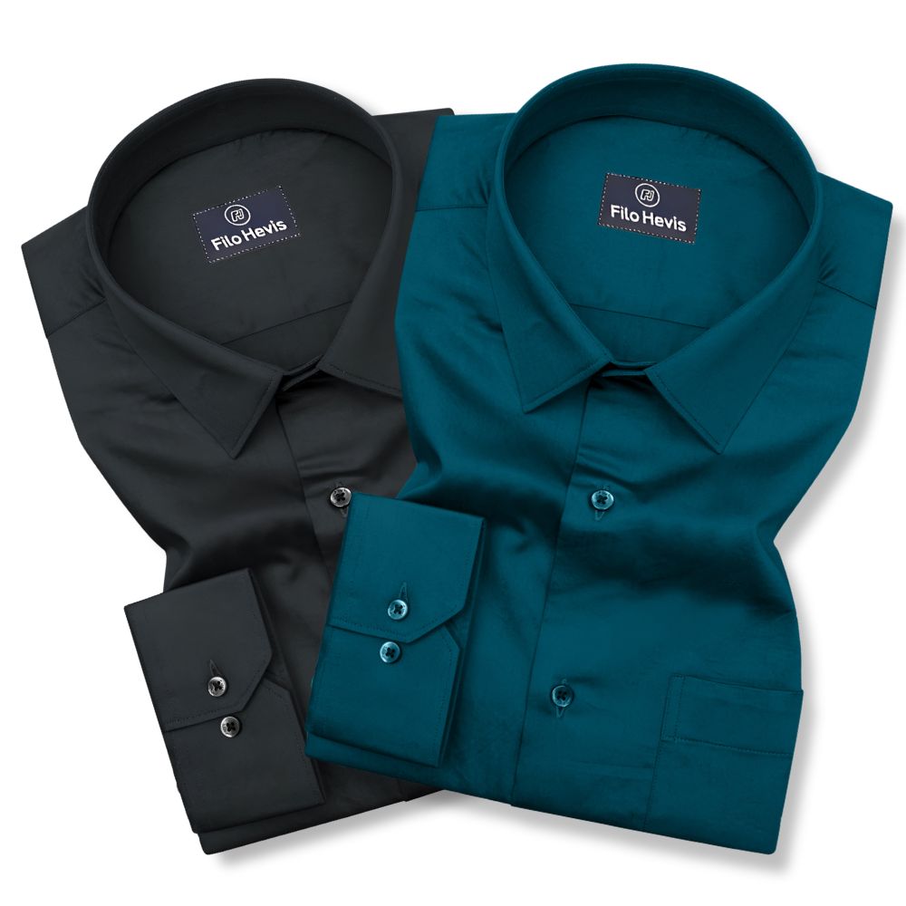Combo of 2 Premium Cotton Formal Shirts – Black & Teal Blue | Single Pocket | Smart Fit