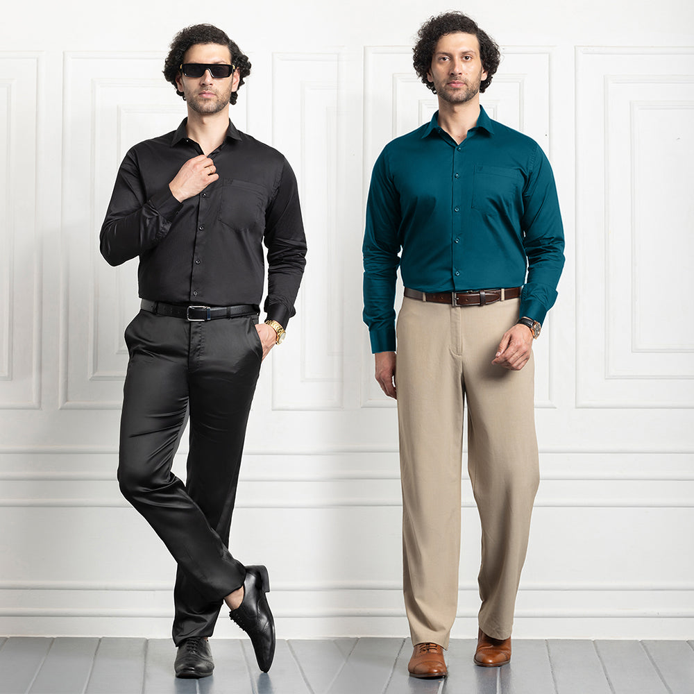 Combo of 2 Premium Cotton Formal Shirts – Black & Teal Blue | Single Pocket | Smart Fit