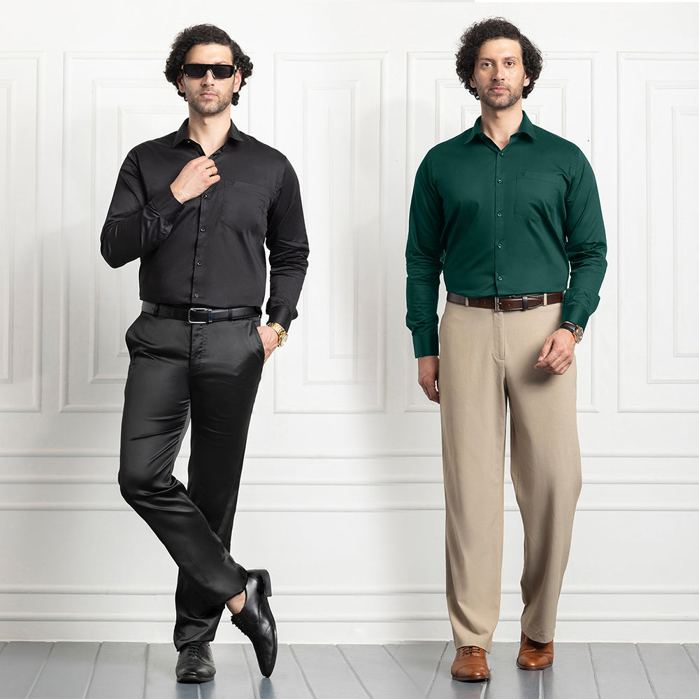 Combo of 2 Premium Cotton Formal Shirts – Black & Teal Green | Single Pocket | Smart Fit