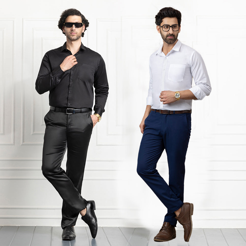 Combo of 2 Premium Cotton Formal Shirts – Black & White | Single Pocket | Smart Fit