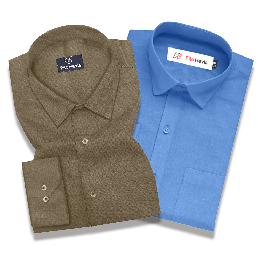 Linen Brown & Filafil Blue - Classic Shirt Combo (Set of 2)