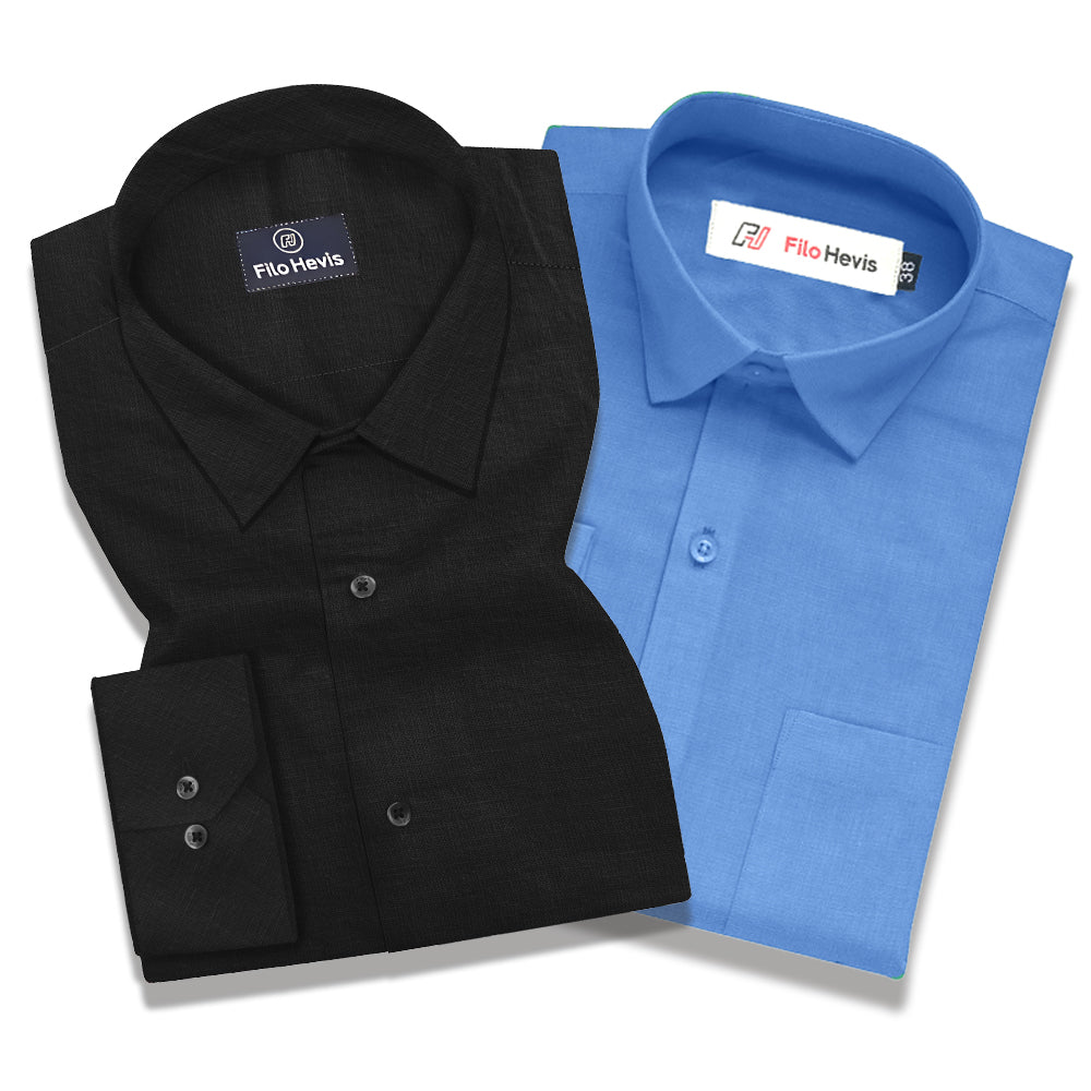 Linen Black & Filafil Blue - Classic Shirt Combo (Set of 2)
