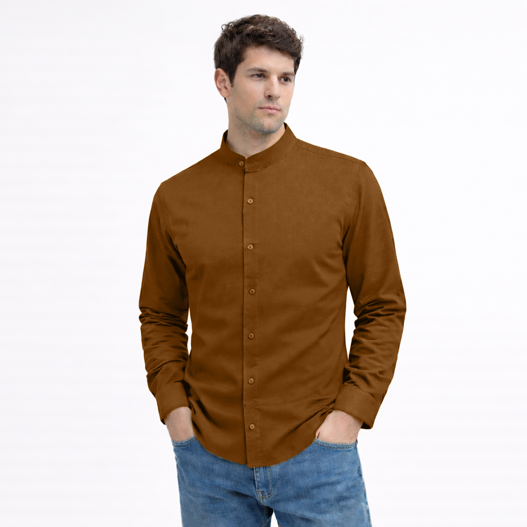 MEN’S CHINESE COLLAR SHIRT | FULL SLEEVE COTTON LINEN T-NECK SHIRT | Brown COLOR