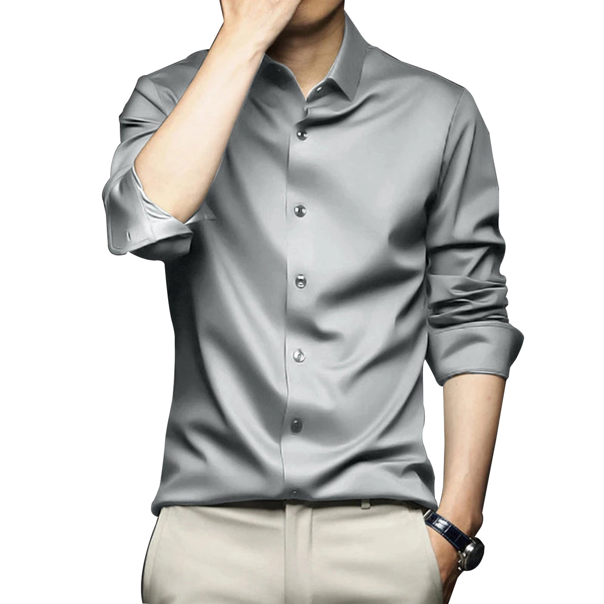 CVC Poly Satin formal Shirt For Men-Silver