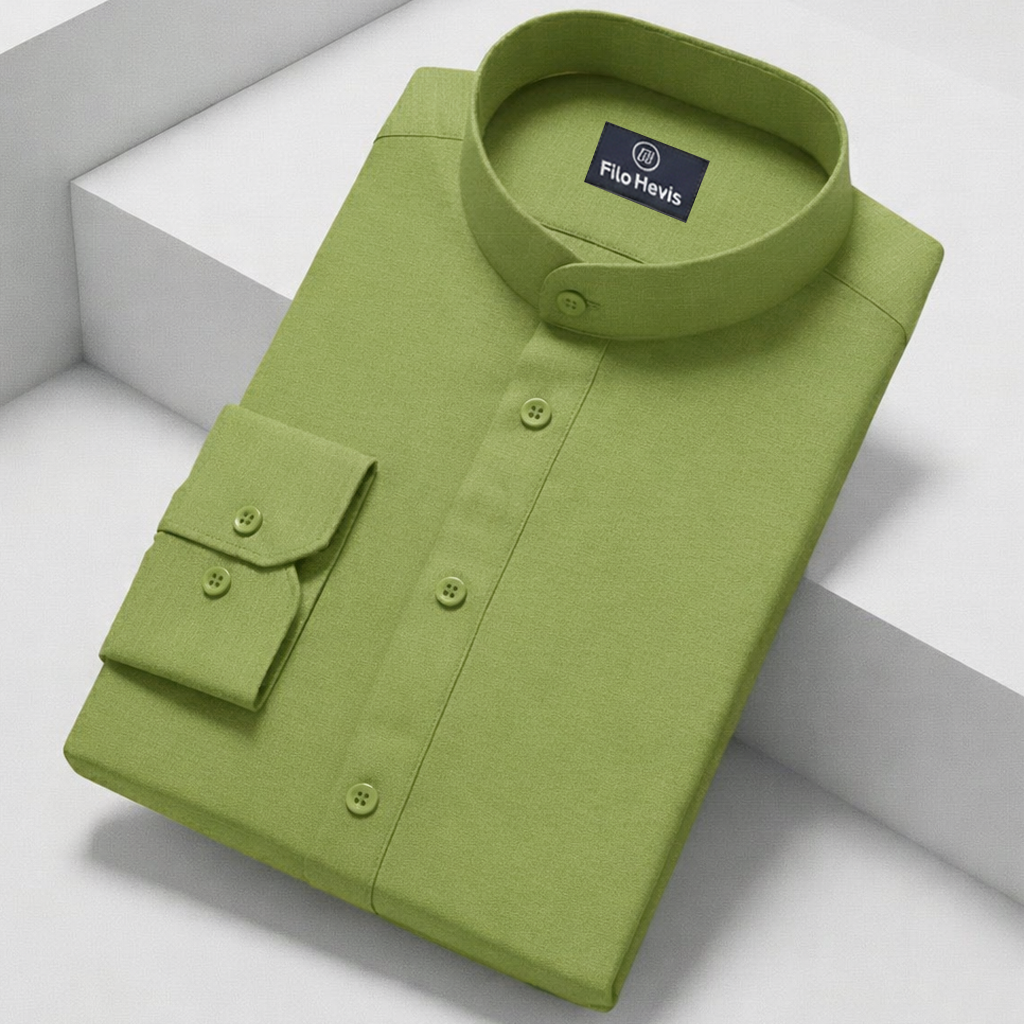 MEN’S CHINESE COLLAR SHIRT | FULL SLEEVE COTTON LINEN T-NECK SHIRT | GREEN COLOR