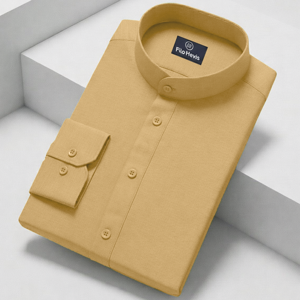MEN’S CHINESE COLLAR SHIRT | FULL SLEEVE COTTON LINEN T-NECK SHIRT | Light Brown COLOR