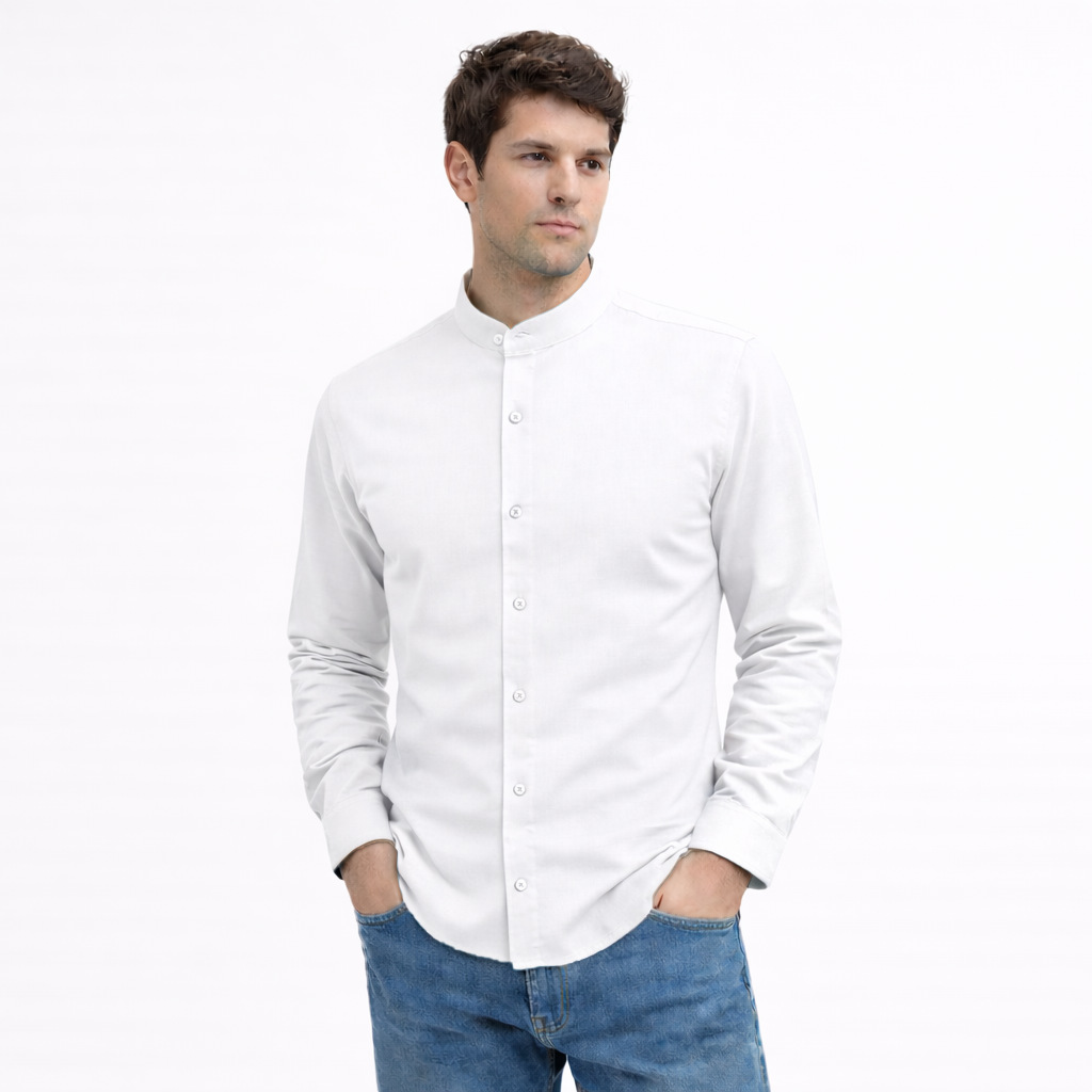 MEN’S CHINESE COLLAR SHIRT | FULL SLEEVE COTTON LINEN T-NECK SHIRT | WHITE COLOR