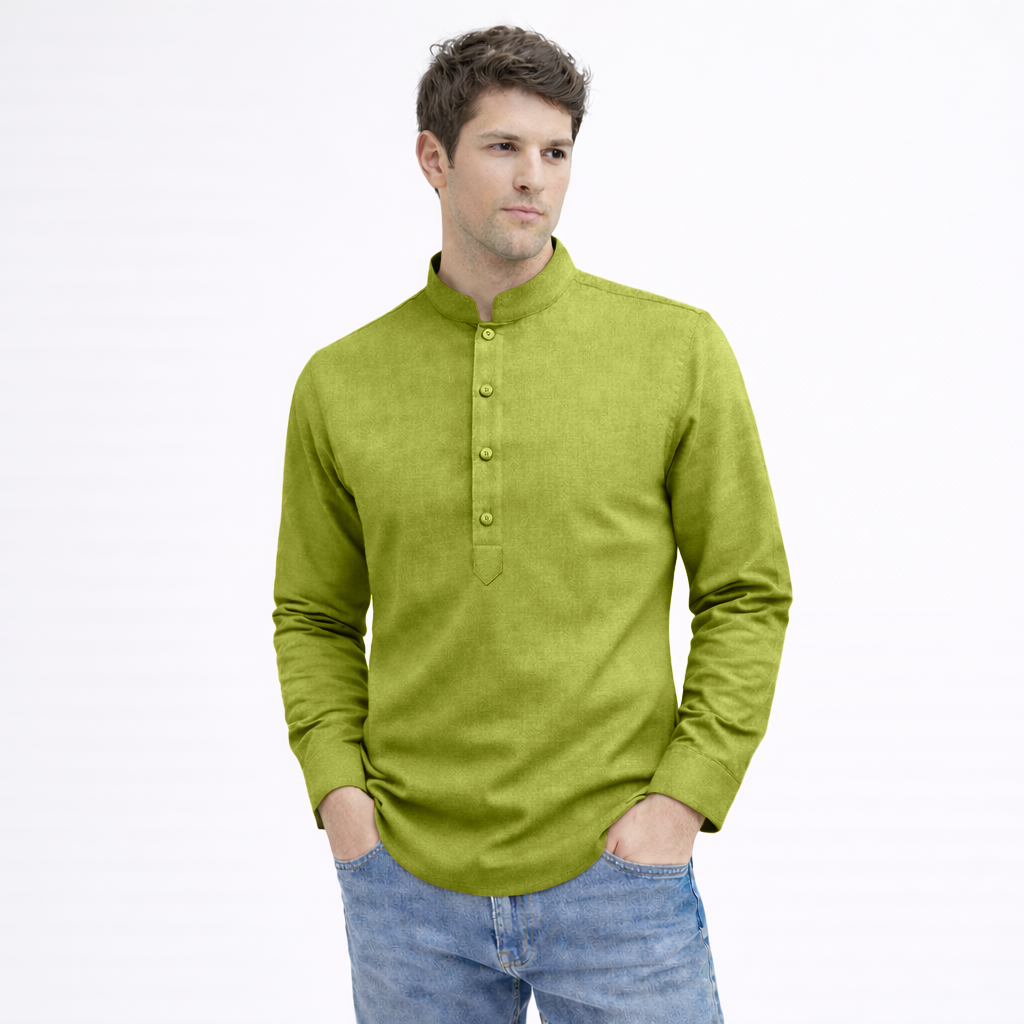 Cotton Chinese Collar Short Kurta for Men | Traditional Nehru Ethnic Shirts | Daily Wear-Mehendi Green