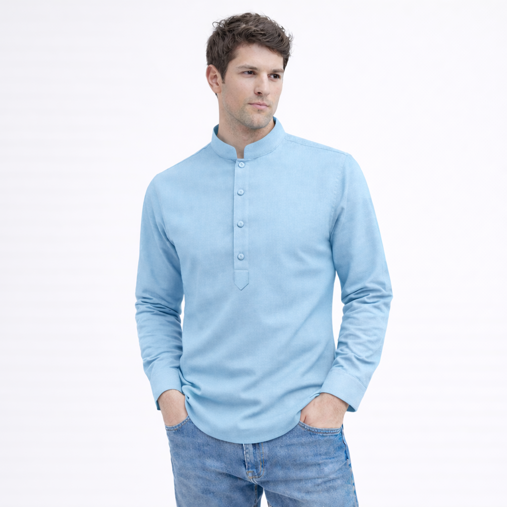 Cotton Chinese Collar Short Kurta for Men | Traditional Nehru Ethnic Shirts | Daily Wear-Sky