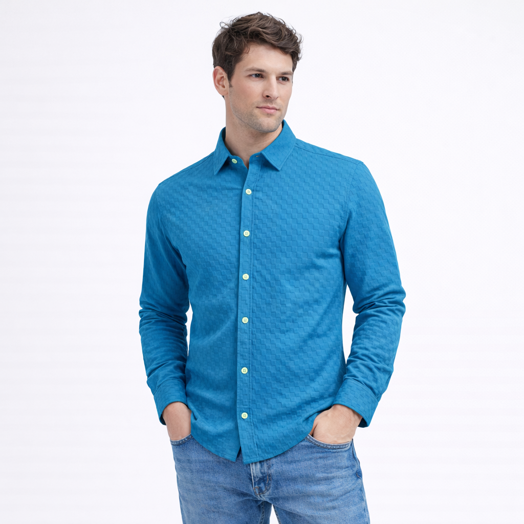 PREMIUM TEXTURED POPCORN SHIRT | SELF-CHECKS EMBOSS EFFECT PATTERN | Sky Blue