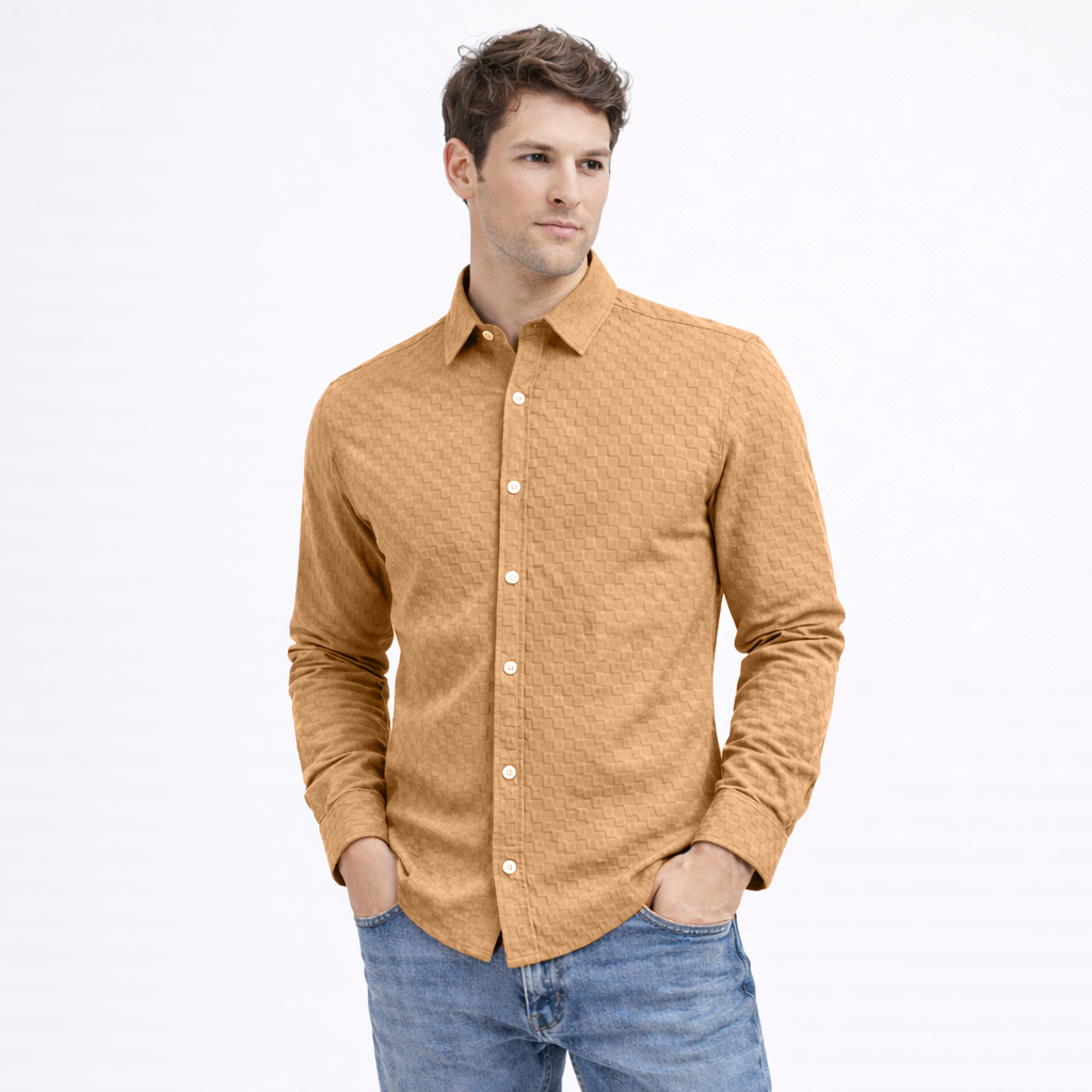 PREMIUM TEXTURED POPCORN SHIRT | SELF-CHECKS EMBOSS EFFECT PATTERN | Brown