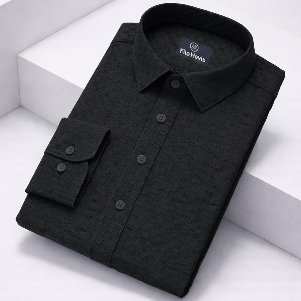 PREMIUM TEXTURED POPCORN SHIRT | SELF-CHECKS EMBOSS EFFECT PATTERN | Black